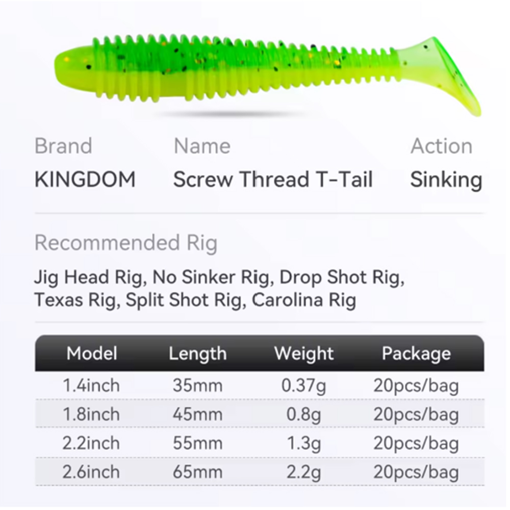 Kingdom Screw Thread T-Tail Sinking Soft Bait 65mm 2.2g 10 Kingdom Screw Thread T-Tail Sinking Soft Bait 65mm 2.2g - Image 6